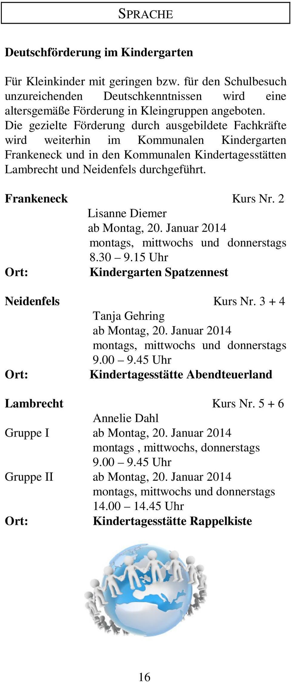 Frankeneck Kurs Nr. 2 Lisanne Diemer ab Montag, 20. Januar 2014 montags, mittwochs und donnerstags 8.30 9.15 Uhr Ort: Kindergarten Spatzennest Neidenfels Kurs Nr. 3 + 4 Tanja Gehring ab Montag, 20.