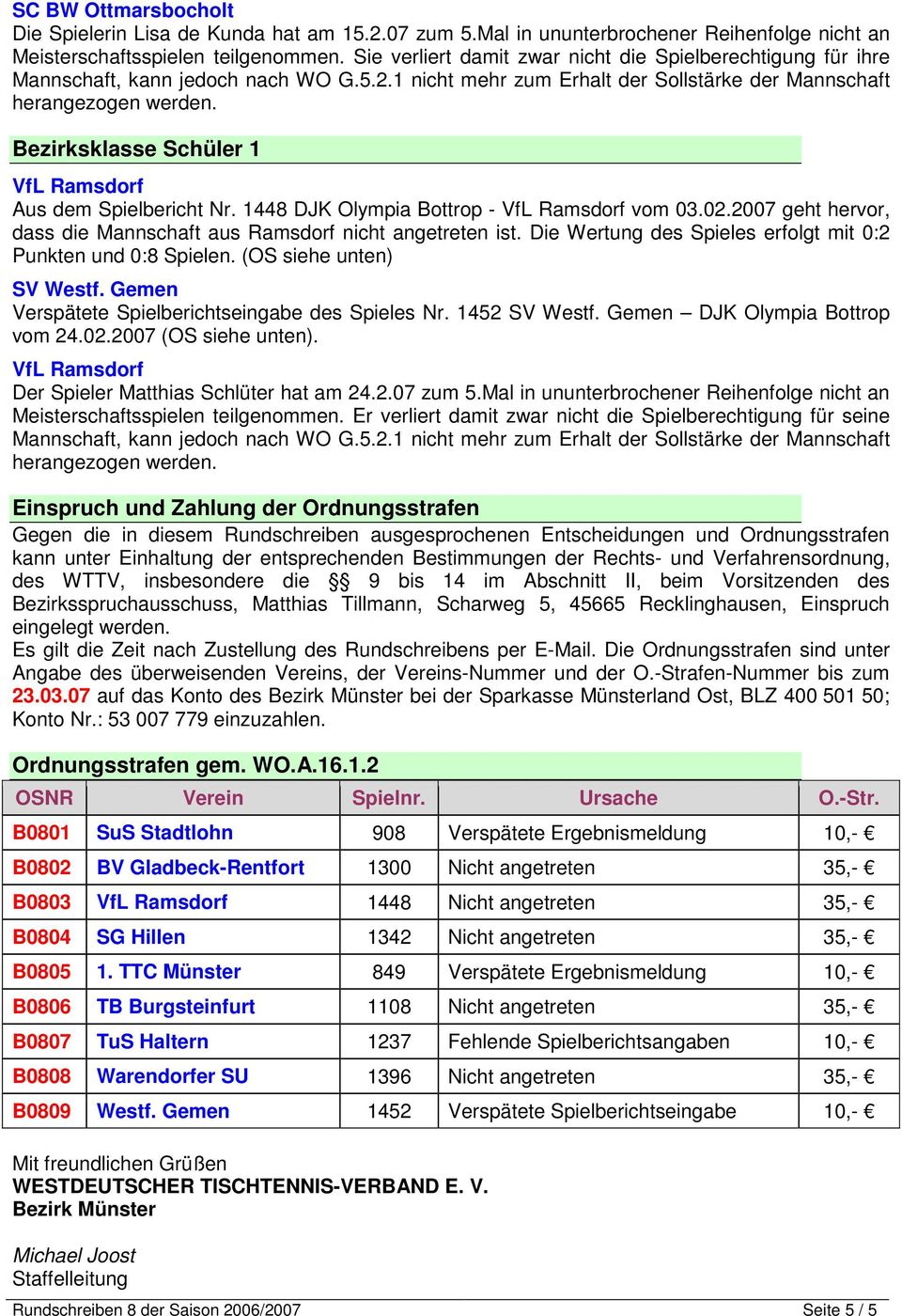 (OS siehe unten) SV Westf. Gemen Verspätete Spielberichtseingabe des Spieles Nr. 1452 SV Westf. Gemen DJK Olympia Bottrop vom 24.02.2007 (OS siehe unten).