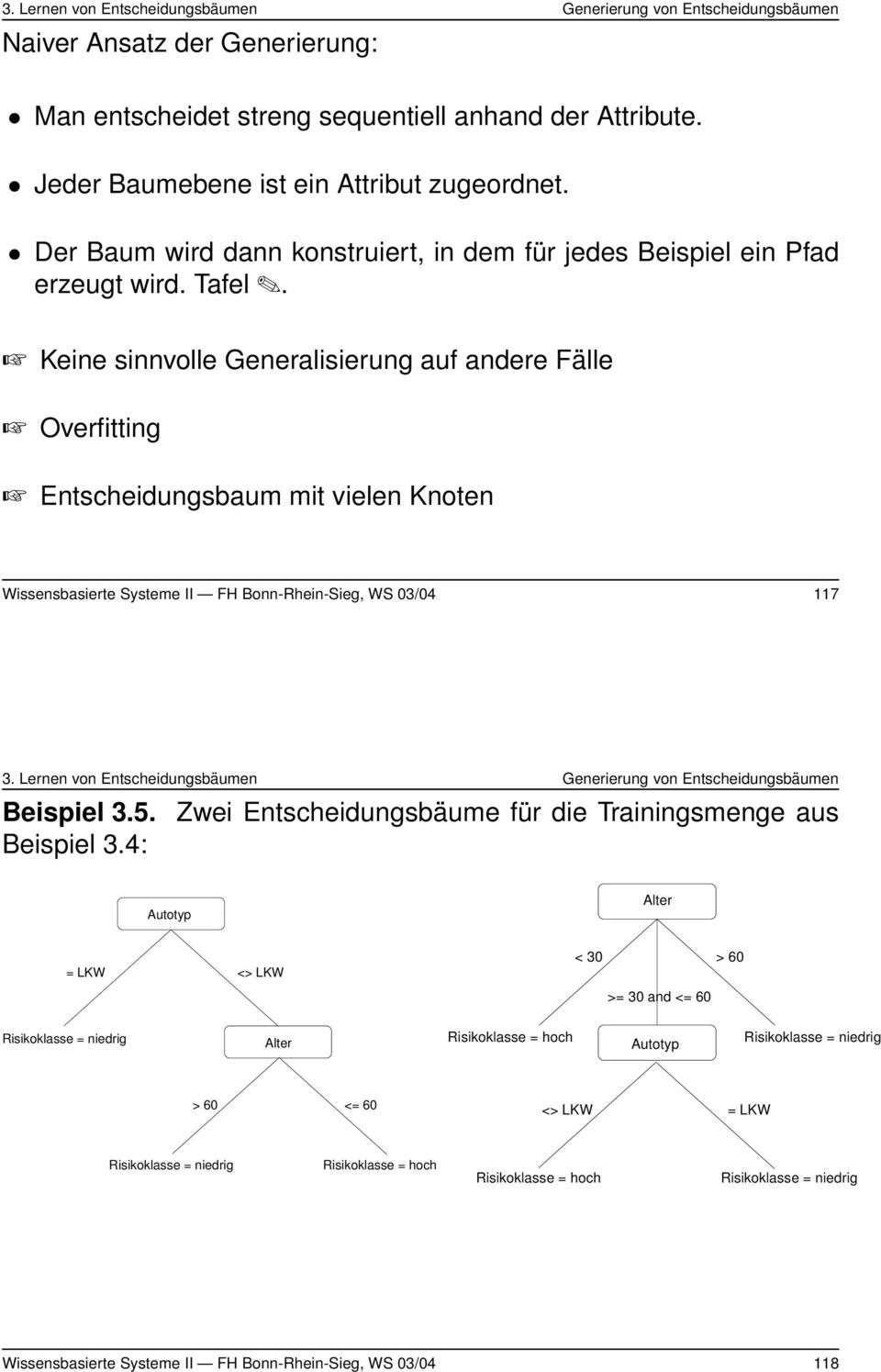 Keine sinnvolle Generalisierung auf andere Fälle Overfitting Entscheidungsbaum mit vielen Knoten Wissensbasierte Systeme II FH Bonn-Rhein-Sieg, WS 03/04 117 3.