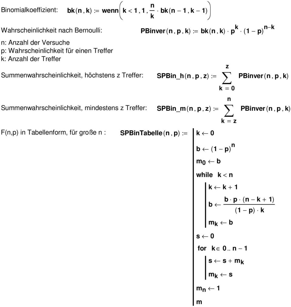 Tabellenform, für große n : PBinver ( n, p, k) : bk( n, k) p k ( 1 p) n k SPBin_h( n, p, z) : SPBin_m( n, p, z) : SPBinTabelle( n, p) : k 0 z k 0 n