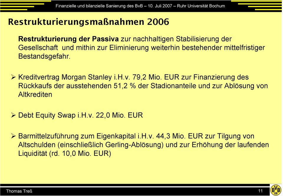 EUR zur Finanzierung des Rückkaufs der ausstehenden 51,2 % der Stadionanteile und zur Ablösung von Altkrediten Debt Equity Swap i.h.v. 22,0 Mio.