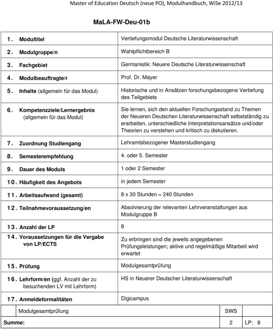 Kompetenzziele/Lernergebnis (allgemein für das Modul) Sie lernen, sich den aktuellen Forschungsstand zu Themen der Neueren Deutschen Literaturwissenschaft selbstständig zu erarbeiten,