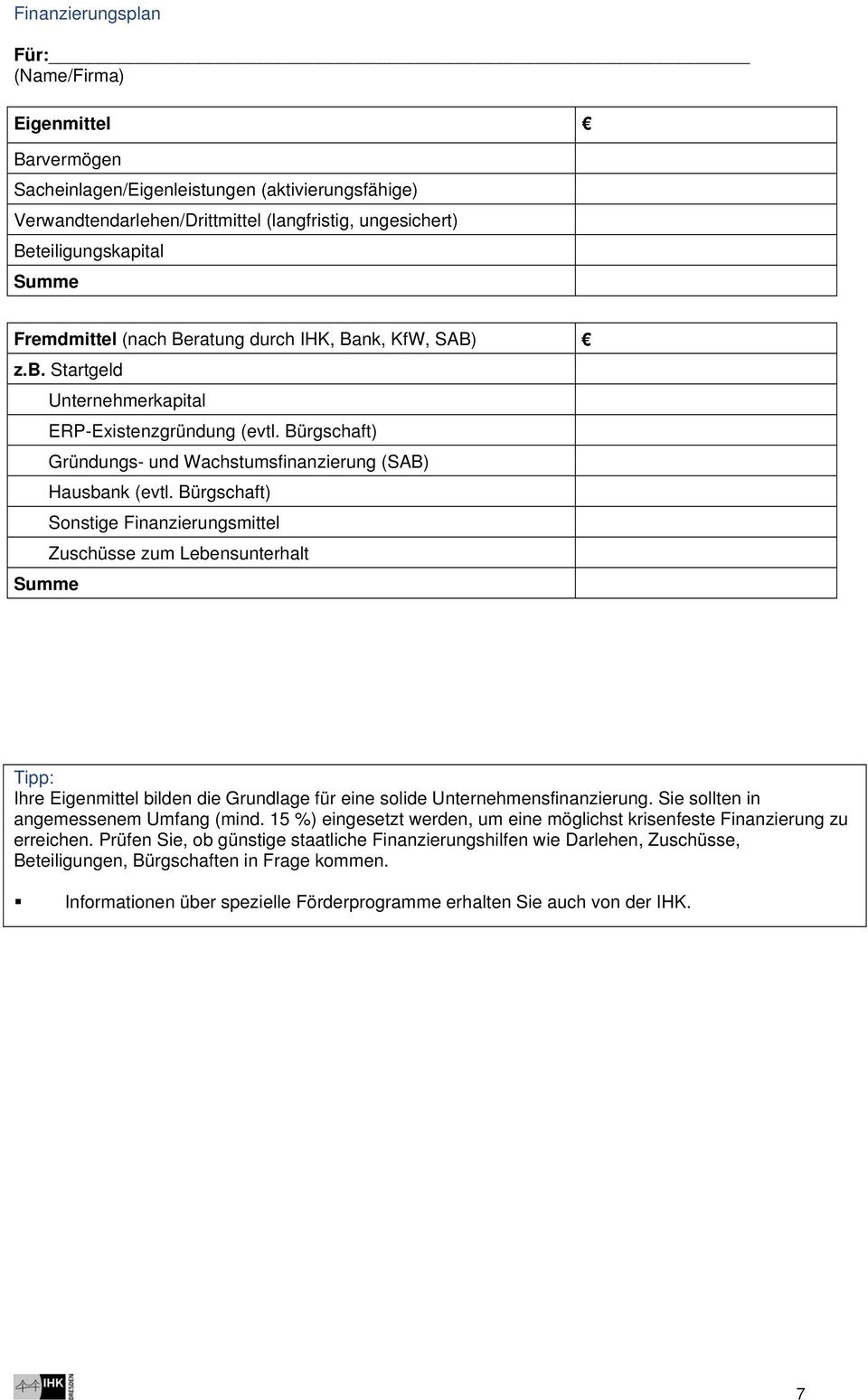 Bürgschaft) Sonstige Finanzierungsmittel Zuschüsse zum Lebensunterhalt Tipp: Ihre Eigenmittel bilden die Grundlage für eine solide Unternehmensfinanzierung. Sie sollten in angemessenem Umfang (mind.