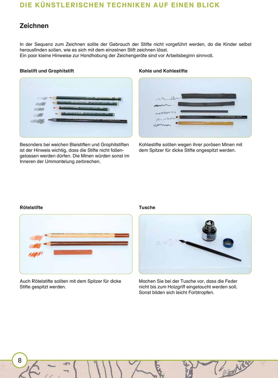 Bleistift und Graphitstift Kohle und Kohlestifte ((61)) Besonders bei weichen Bleistiften und Graphitstiften ist der Hinweis wichtig, dass die Stifte nicht fallengelassen werden dürfen.