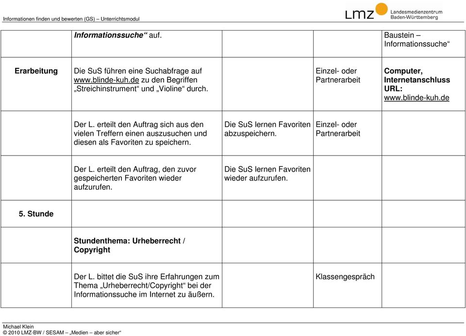 Die SuS lernen Favoriten abzuspeichern. Einzel- oder Der L. erteilt den Auftrag, den zuvor gespeicherten Favoriten wieder aufzurufen.