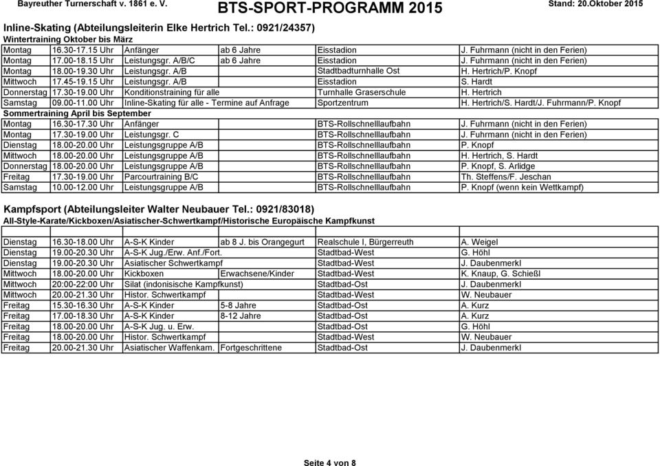 15 Uhr Leistungsgr. A/B Eisstadion S. Hardt Donnerstag 17.30-19.00 Uhr Konditionstraining für alle Turnhalle Graserschule H. Hertrich Samstag 09.00-11.