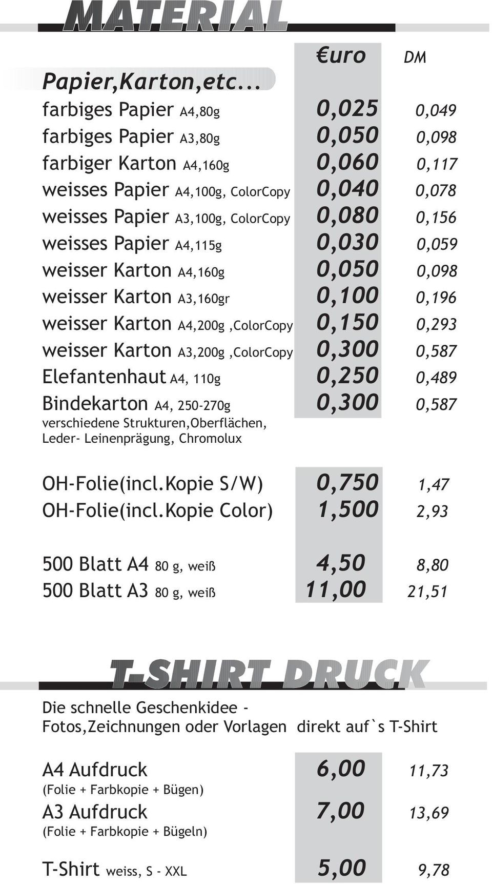 Karton Elefantenhaut A4, 110g Bindekarton A4, 250-270g OH-Folie(incl.Kopie S/W) OH-Folie(incl.