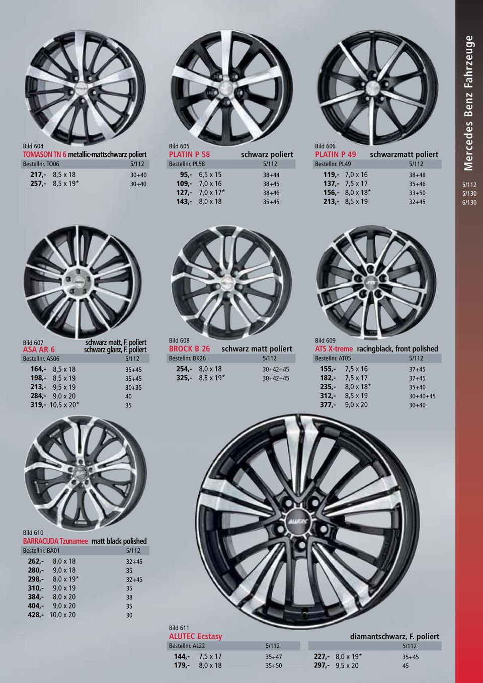 PL49 95,- 109,- 127,- 143,- 119,- 137,- 156,- 213,- 7,0 x 16 38+48 7,5 x 17 35+46 8,0 x 18* 33+50 8,5 x 19 32+45 Mercedes Benz Fahrzeuge Bild 607 ASA AR 6 schwarz matt, F. poliert schwarz glanz, F.