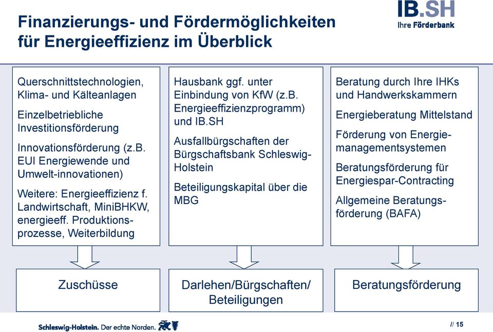 SH Ausfallbürgschaften der Bürgschaftsbank Schleswig- Holstein Beteiligungskapital über die MBG Beratung durch Ihre IHKs und Handwerkskammern Energieberatung Mittelstand Förderung von