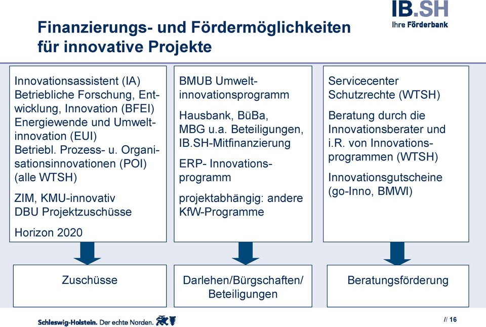 Organisationsinnovationen (POI) (alle WTSH) ZIM, KMU-innovativ DBU Projektzuschüsse Horizon 2020 BMUB Umweltinnovationsprogramm Hausbank, BüBa, MBG u.a. Beteiligungen, IB.