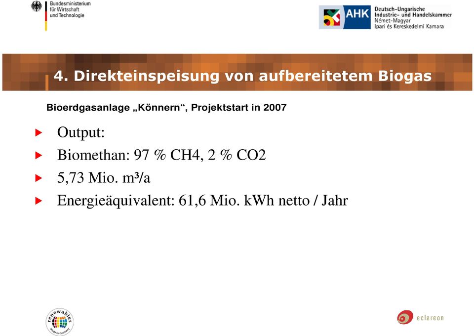 Output: Biomethan: 97 % CH4, 2 % CO2 5,73 Mio.