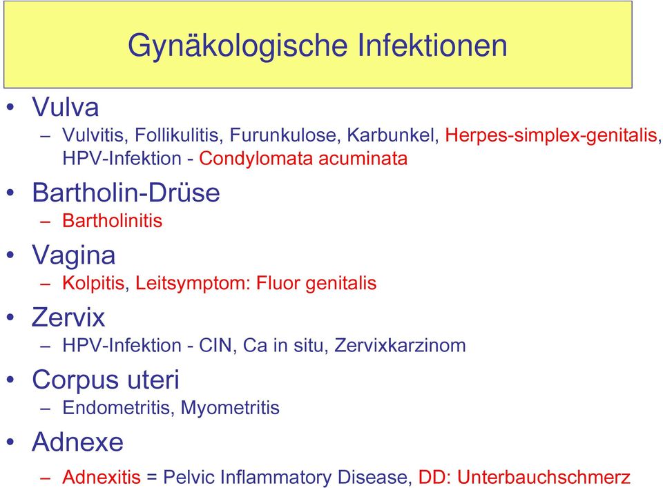 Vagina Kolpitis, Leitsymptom: Fluor genitalis Zervix HPV-Infektion - CIN, Ca in situ,