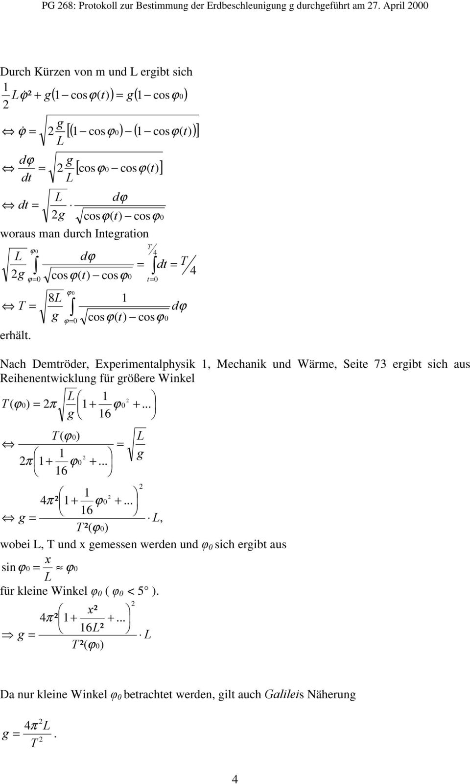 Mechanik und Wäre, Seie 73 erib ich au Reihenenwicklun für rößere Winkel, 6 6 6 wobei, und x eeen werden und