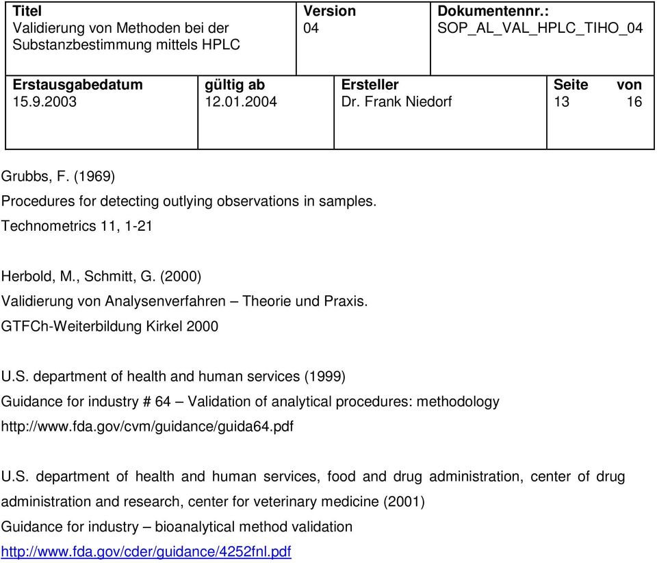 department of health and human services (1999) Guidance for industry # 64 Validation of analytical procedures: methodology http://www.fda.gov/cvm/guidance/guida64.pdf U.S.