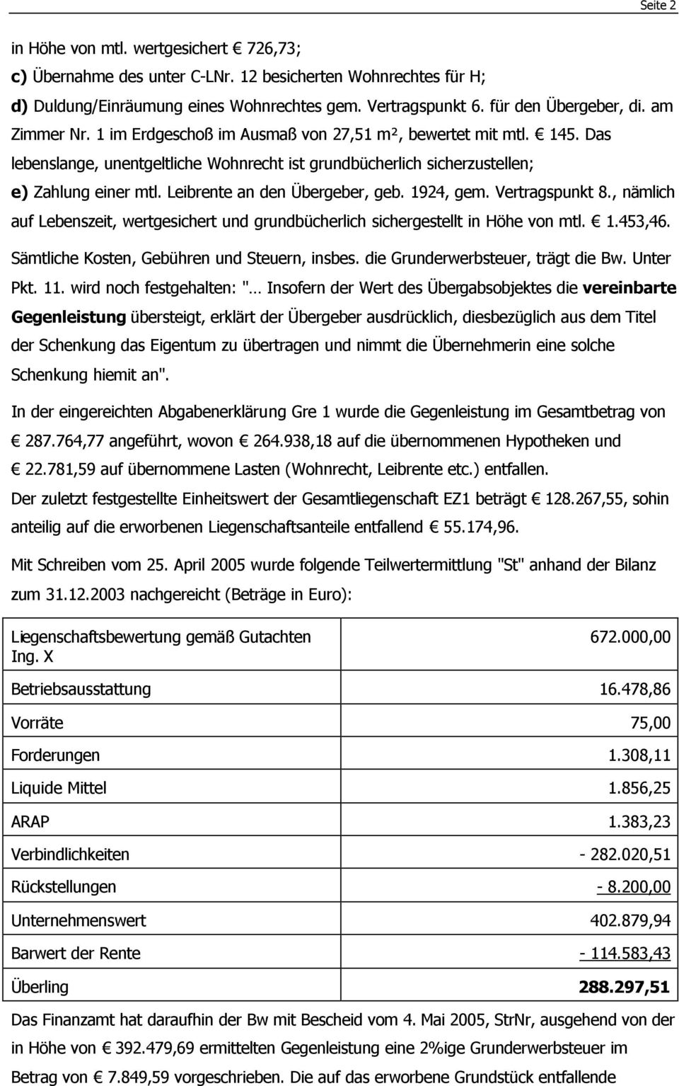 Leibrente an den Übergeber, geb. 1924, gem. Vertragspunkt 8., nämlich auf Lebenszeit, wertgesichert und grundbücherlich sichergestellt in Höhe von mtl. 1.453,46.