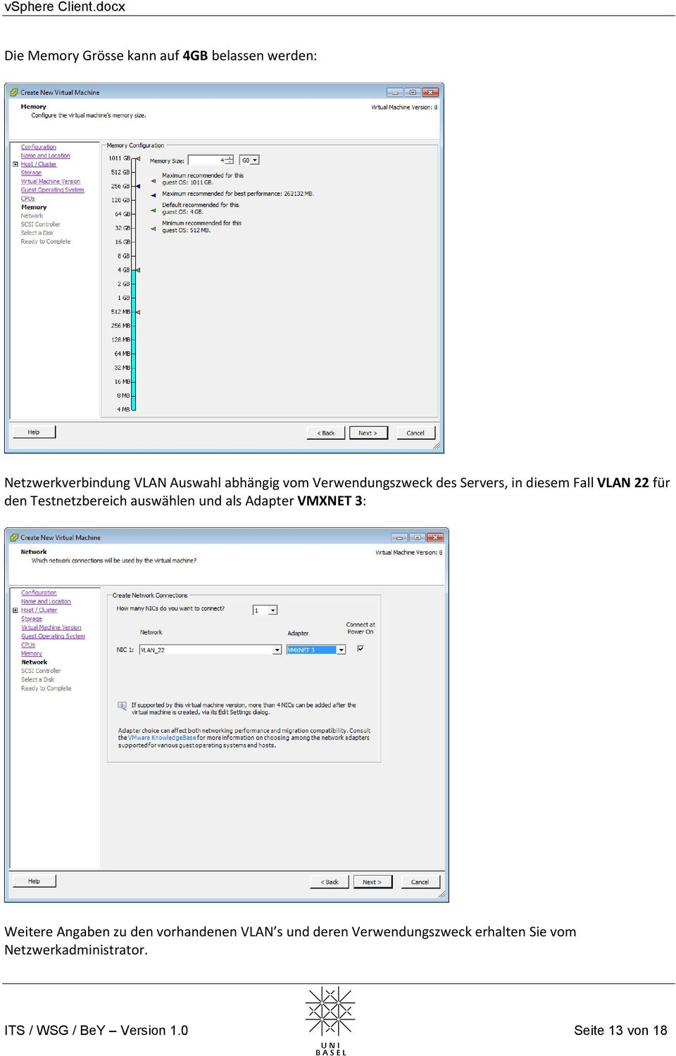 auswählen und als Adapter VMXNET 3: Weitere Angaben zu den vorhandenen VLAN s und deren