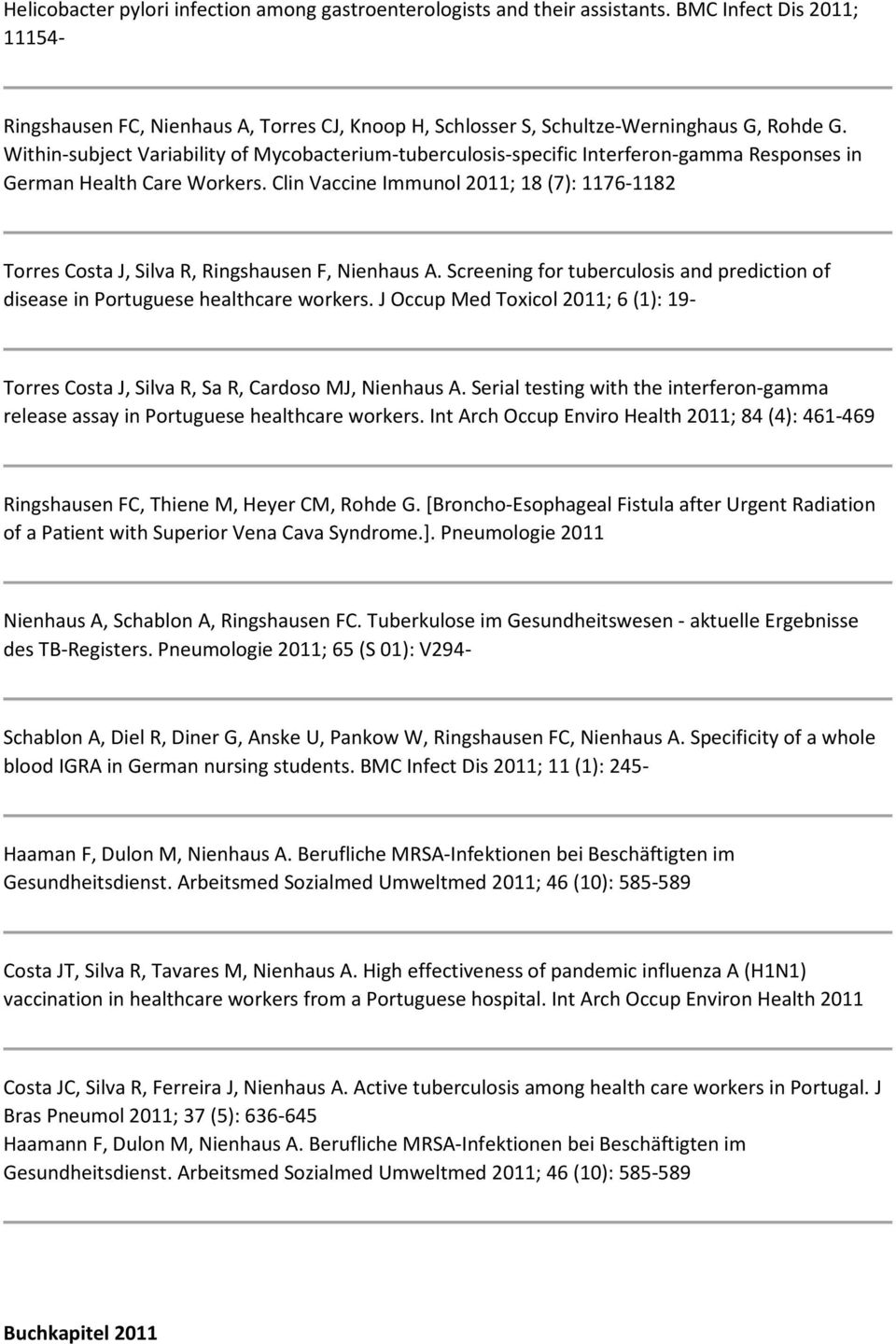 Clin Vaccine Immunol 2011; 18 (7): 1176-1182 Torres Costa J, Silva R, Ringshausen F, Nienhaus A. Screening for tuberculosis and prediction of disease in Portuguese healthcare workers.