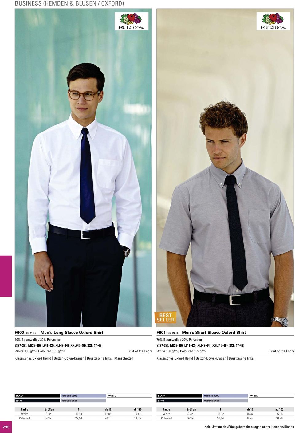 Baumwolle / 30% Polyester S(37-38), M(39-40), L(41-42), XL(43-44), XXL(45-46), 3XL(47-48) White 130 g/m², Coloured 135 g/m² Klassisches Oxford Hemd Button-Down-Kragen Brusttasche links
