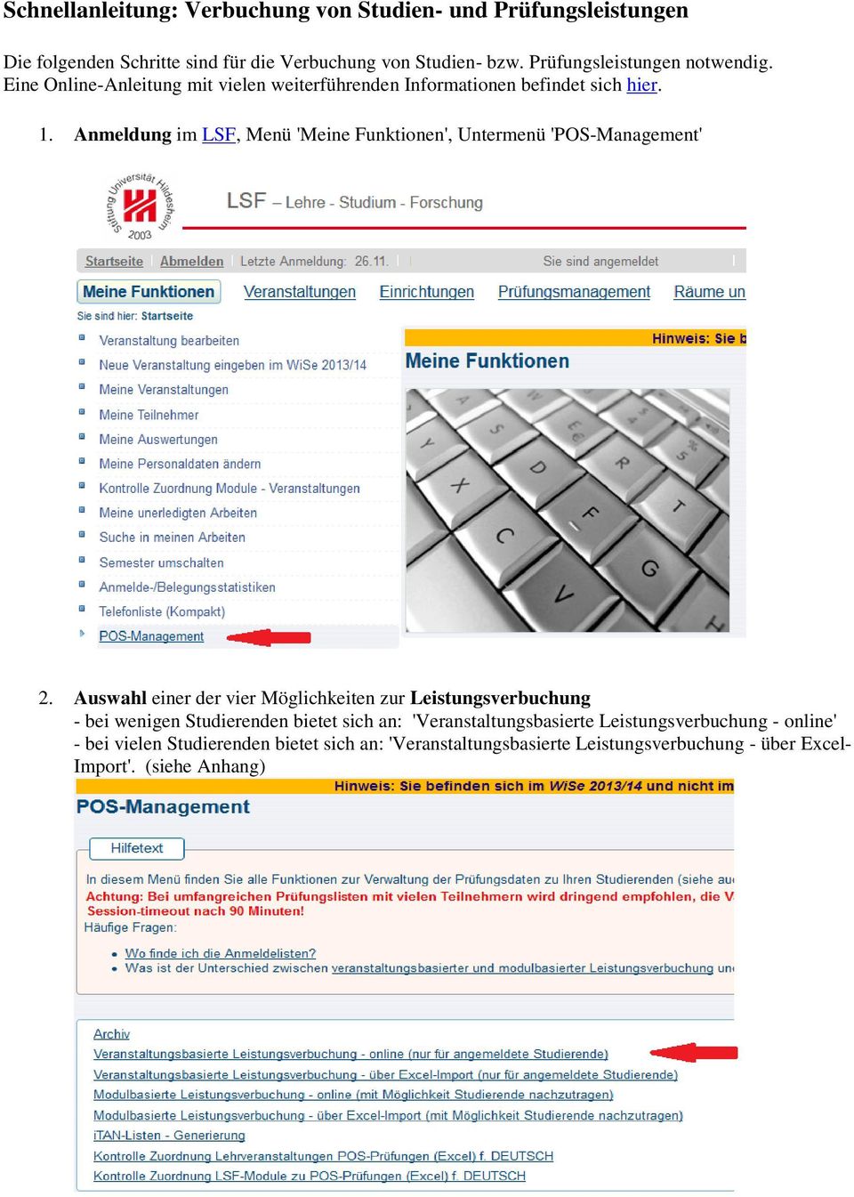 Anmeldung im LSF, Menü 'Meine Funktionen', Untermenü 'POS-Management' 2.