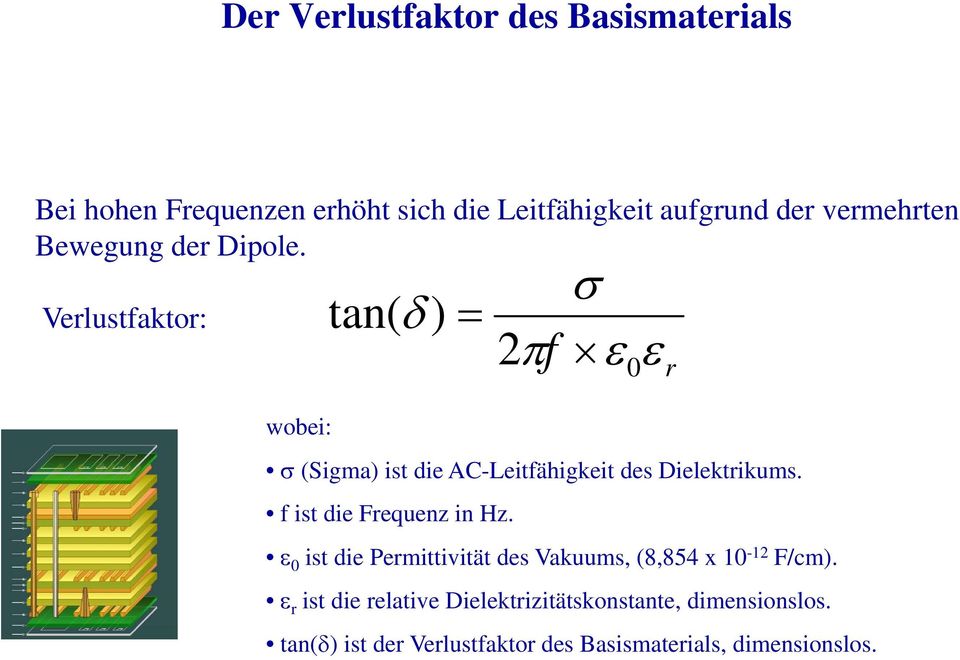 Verlustfaktor: wobei: bi tan( ) 2 f 0 r (Sigma) ist die AC-Leitfähigkeit des Dielektrikums.