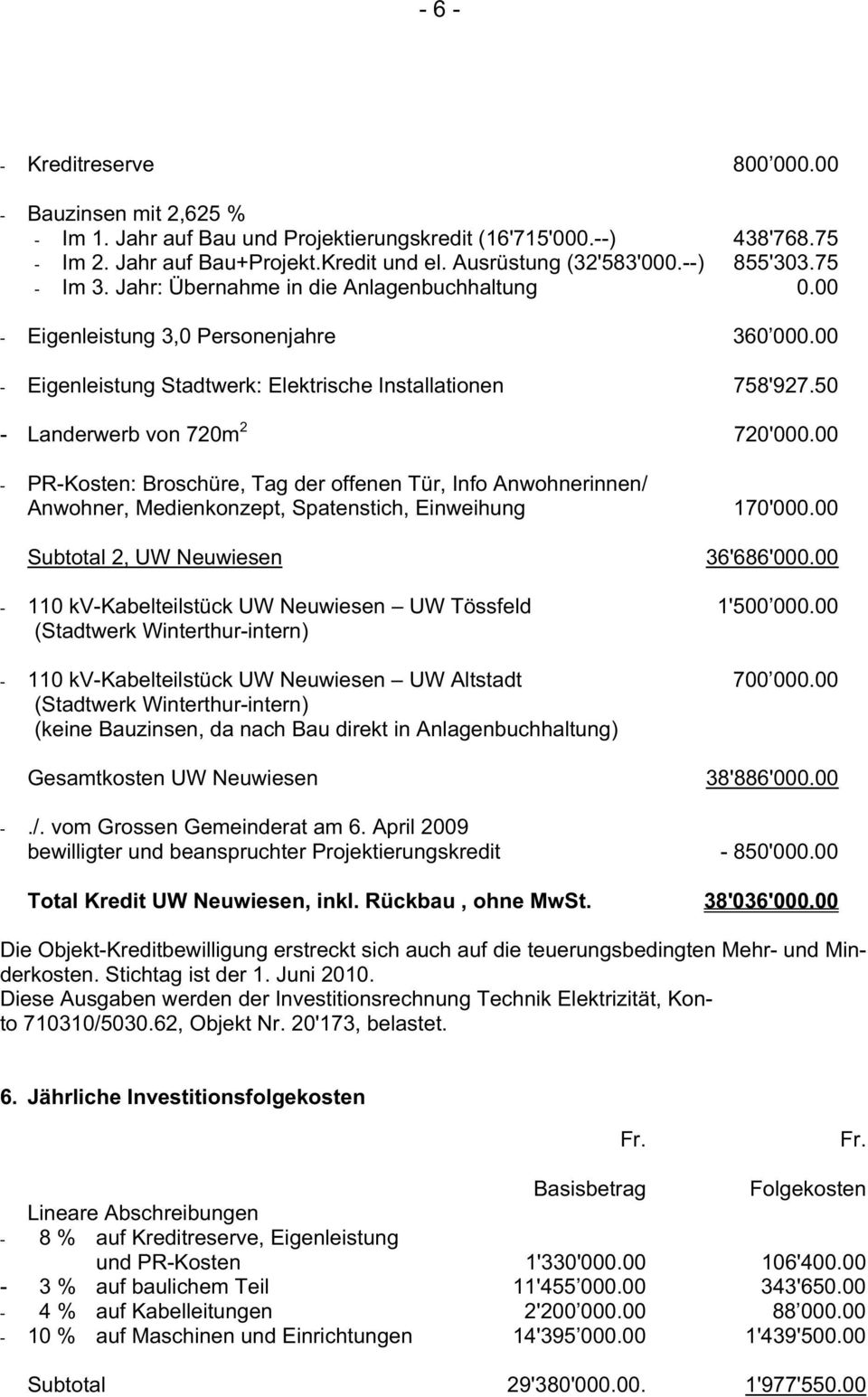 50 - Landerwerb von 720m 2 720'000.00 - PR-Kosten: Broschüre, Tag der offenen Tür, Info Anwohnerinnen/ Anwohner, Medienkonzept, Spatenstich, Einweihung Subtotal 2, UW Neuwiesen 170'000.00 36'686'000.