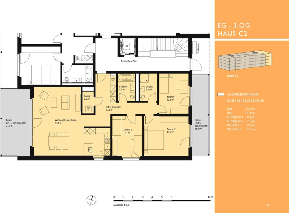 1 m² WM/ TU Entrée Korridor 17.4 m² Zimmer 3 13.1 m² Zimmer 2 19.1 m² Balkon (im EG ged. Sitzplatz) 15.3 m² BWF 127.