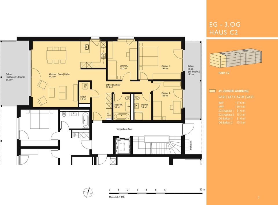 2 m² Du I WC 5.2 m² Zimmer 3 12.9 m² 4½-ZIMMER-WOHNUNG C2-01 C2-11 C2-21 C2-31 BWF 127.6 m² NWF 119.
