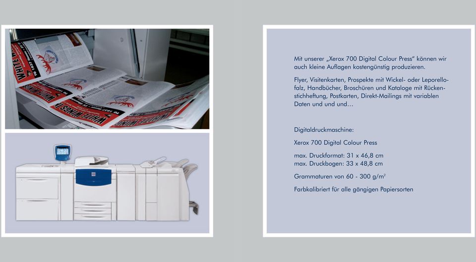 stichheftung, Post karten, Direkt-Mailings mit variablen Daten und und und Digitaldruckmaschine: Xerox 700 Digital