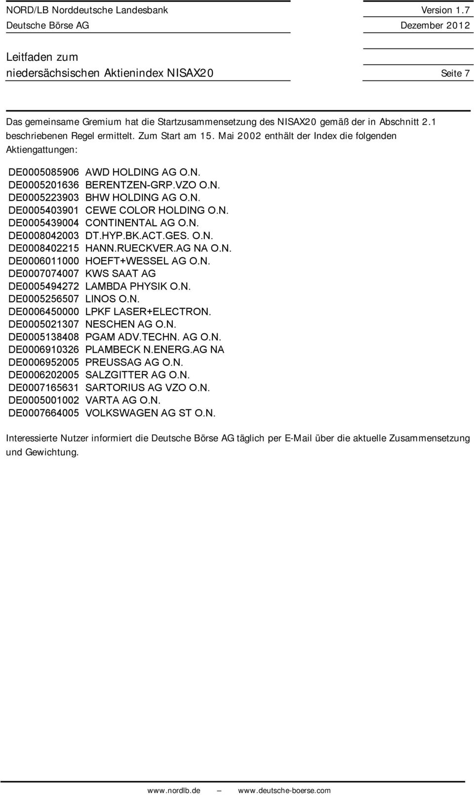 N. DE0005439004 CONTINENTAL AG O.N. DE0008042003 DT.HYP.BK.ACT.GES. O.N. DE000840225 HANN.RUECKVER.AG NA O.N. DE00060000 HOEFT+WESSEL AG O.N. DE0007074007 KWS SAAT AG DE0005494272 LAMBDA PHYSIK O.N. DE0005256507 LINOS O.