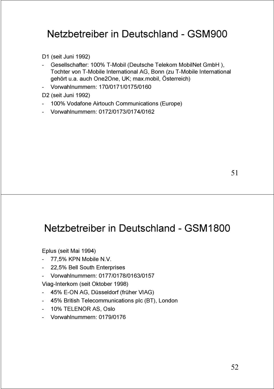 mobil, Österreich) - Vorwahlnummern: 170/0171/0175/0160 D2 (seit Juni 1992) - 100% Vodafone Airtouch Communications (Europe) - Vorwahlnummern: 0172/0173/0174/0162 51 Netzbetreiber