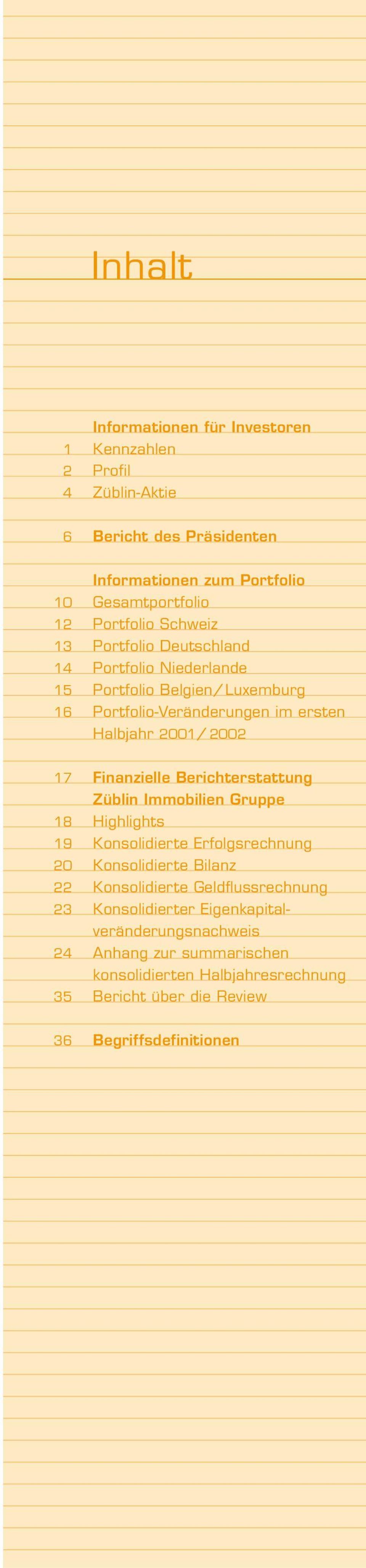 17 Finanzielle Berichterstattung Züblin Immobilien Gruppe 18 Highlights 19 Konsolidierte Erfolgsrechnung 20 Konsolidierte Bilanz 22 Konsolidierte