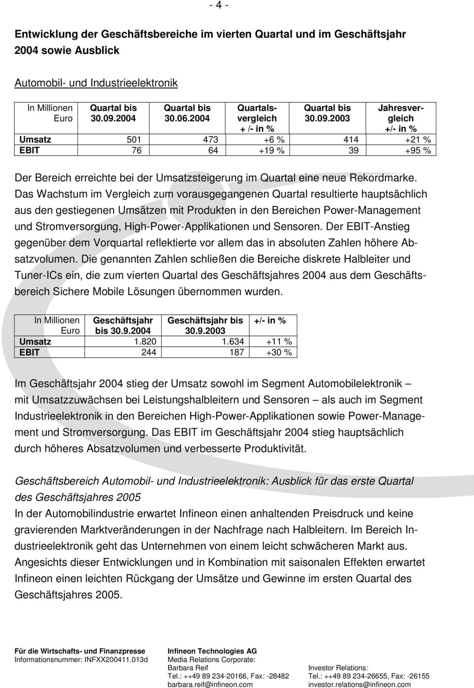 Das Wachstum im Vergleich zum vorausgegangenen Quartal resultierte hauptsächlich aus den gestiegenen Umsätzen mit Produkten in den Bereichen Power-Management und Stromversorgung,