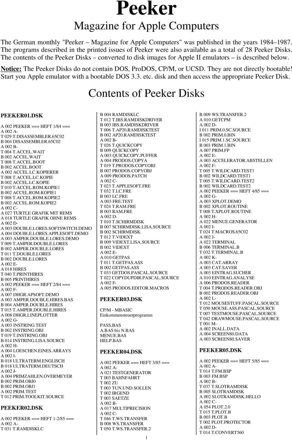 The contents of the Peeker Disks converted to disk images for Apple II emulators is described below. Notice: The Peeker Disks do not contain DOS, ProDOS, CP/M, or UCSD. They are not directly bootable!
