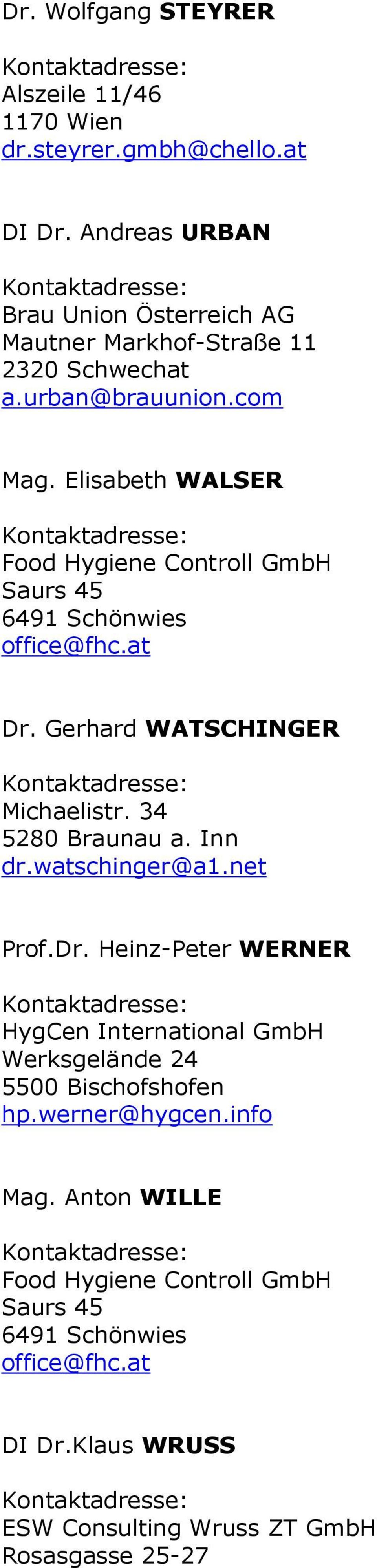 Elisabeth WALSER Food Hygiene Controll GmbH Saurs 45 6491 Schönwies office@fhc.at Dr. Gerhard WATSCHINGER Michaelistr. 34 5280 Braunau a. Inn dr.