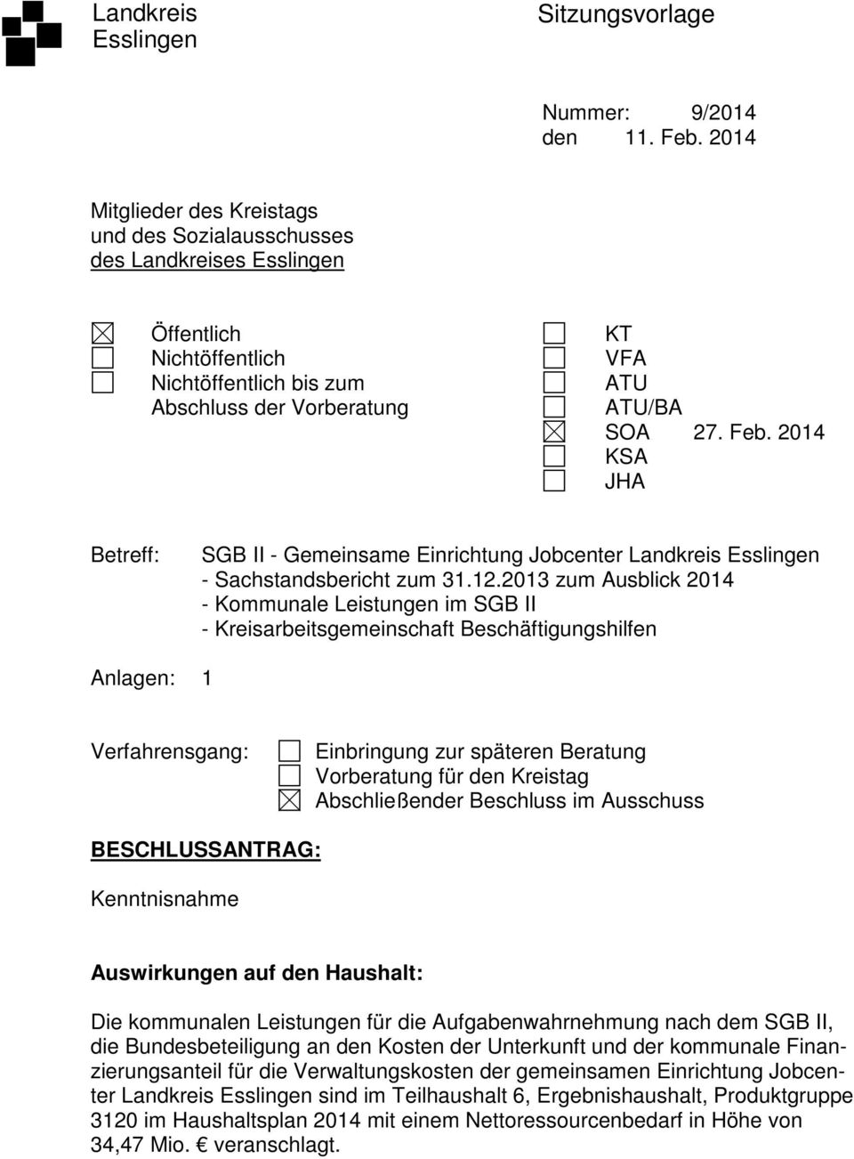 2014 KSA JHA Betreff: SGB II - Gemeinsame Einrichtung Jobcenter Landkreis Esslingen - Sachstandsbericht zum 31.12.