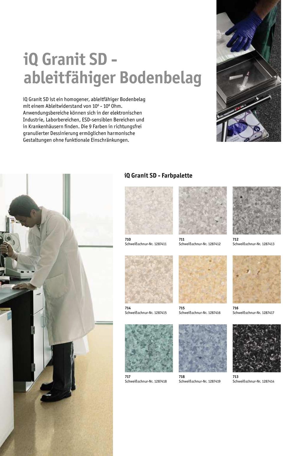 Die 9 Farben in richtungsfrei granulierter Dessinierung ermöglichen harmonische Gestaltungen ohne funktionale Einschränkungen. iq Granit SD - Farbpalette 710 Schweißschnur-Nr.