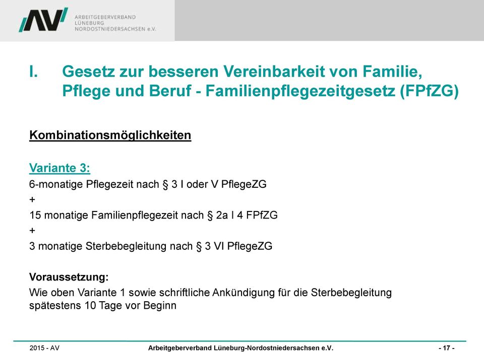 nach 2a I 4 FPfZG + 3 monatige Sterbebegleitung nach 3 VI PflegeZG Voraussetzung: Wie oben Variante 1 sowie