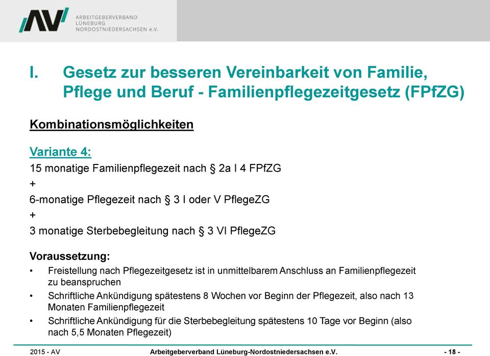 unmittelbarem Anschluss an Familienpflegezeit zu beanspruchen Schriftliche Ankündigung spätestens 8 Wochen vor Beginn der Pflegezeit, also nach 13 Monaten Familienpflegezeit