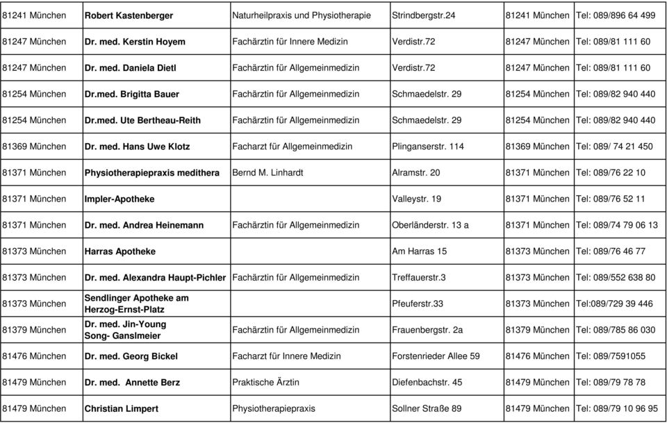 29 81254 München Tel: 089/82 940 440 81254 München Dr.med. Ute Bertheau-Reith Fachärztin für Allgemeinmedizin Schmaedelstr. 29 81254 München Tel: 089/82 940 440 81369 München Dr. med.