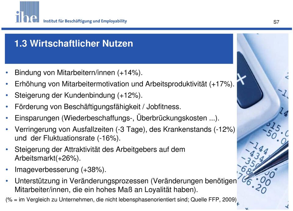 Verringerung von Ausfallzeiten (-3 Tage), des Krankenstands (-12%) und der Fluktuationsrate (-16%). Steigerung der Attraktivität des Arbeitgebers auf dem Arbeitsmarkt(+26%).