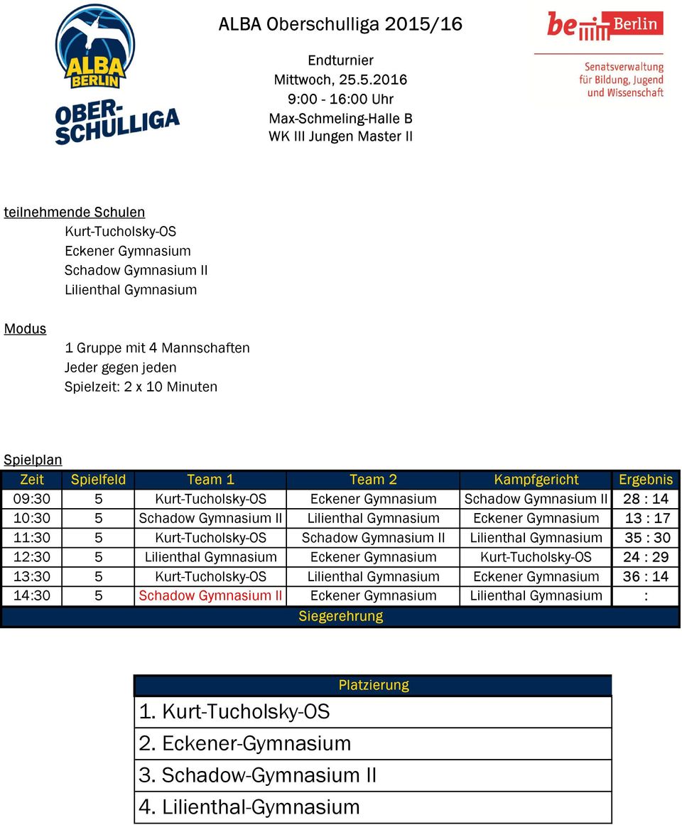 Lilienthal Gymnasium 35 : 30 12:30 5 Lilienthal Gymnasium Eckener Gymnasium Kurt-Tucholsky-OS 24 : 29 13:30 5 Kurt-Tucholsky-OS Lilienthal Gymnasium Eckener