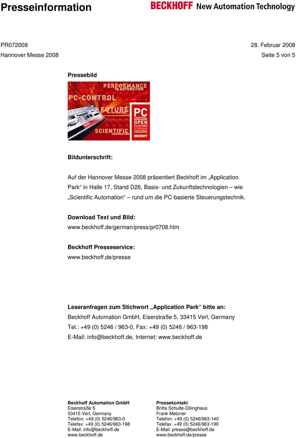 PC-basierte Steuerungstechnik. Download Text und Bild: /german/press/pr0708.