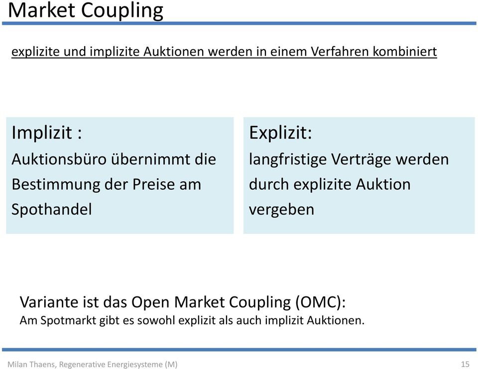 werden durch explizite Auktion vergeben Variante ist das Open Market Coupling (OMC): Am Spotmarkt