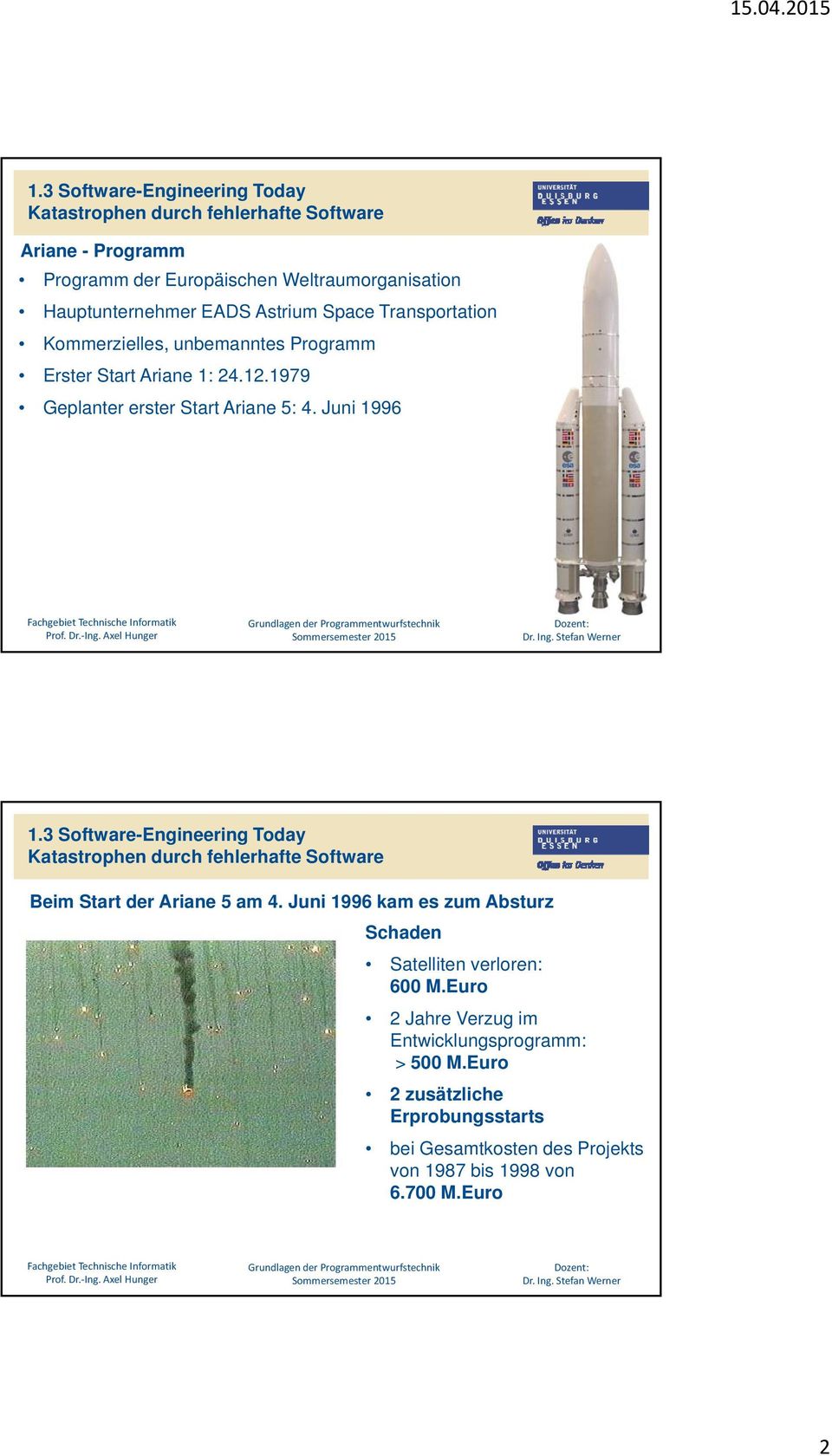 3 Software-Engineering Today Katastrophen durch fehlerhafte Software Beim Start der Ariane 5 am 4.