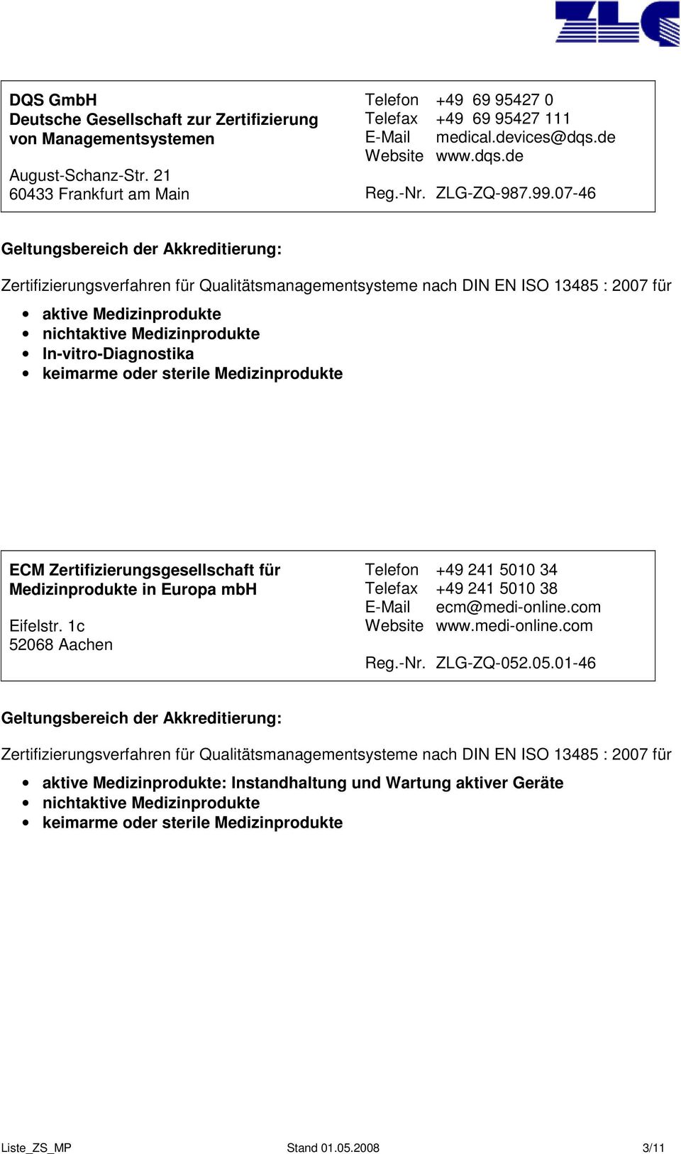 ZLG-ZQ-987.99.07-46 ECM Zertifizierungsgesellschaft für Medizinprodukte in Europa mbh Eifelstr.