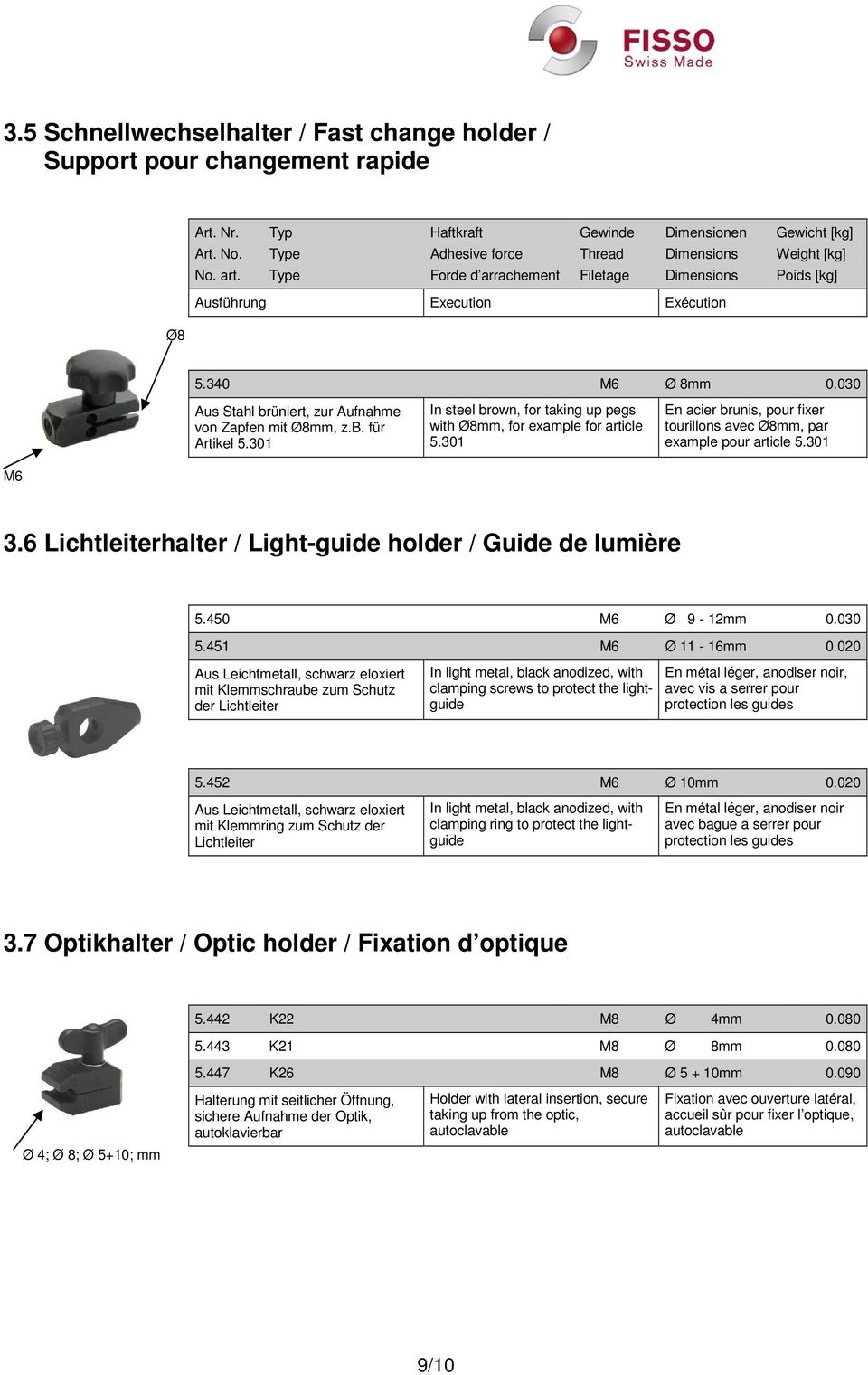 301 En acier brunis, pour fixer tourillons avec Ø8mm, par example pour article 5.301 M6 3.6 Lichtleiterhalter / Light-guide holder / Guide de lumière 5.450 M6 Ø 9-12mm 0.030 5.451 M6 Ø 11-16mm 0.