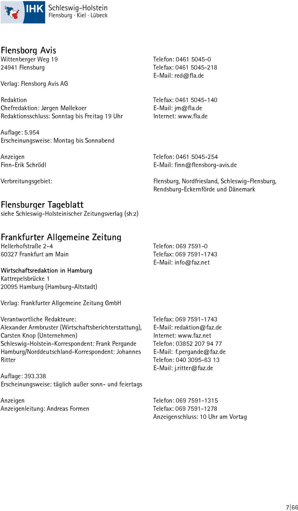 954 Erscheinungsweise: Montag bis Sonnabend Anzeigen Finn-Erik Schrödl Verbreitungsgebiet: Flensburger Tageblatt siehe Schleswig-Holsteinischer Zeitungsverlag (sh:z) Telefon: 0461 5045-254 E-Mail: