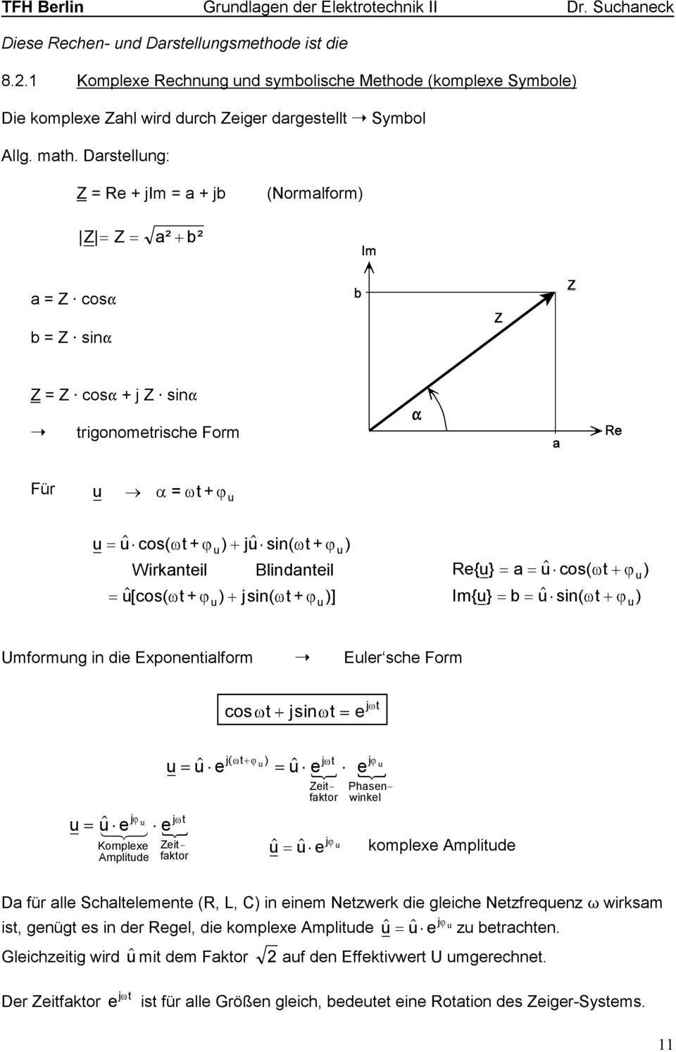 Blindanteil u$[cos( ωt+ ϕ ) + jsin( ωt+ ϕ )] u u u e{ u} a u$ cos( ωt + ϕ ) m{ u} b u$ sin( ωt+ ϕ ) u u mformung in die Exponentialform ÿ Euler sche Form ω cosωt+ jsinωt e j t $ jϕ jωt Komplexe