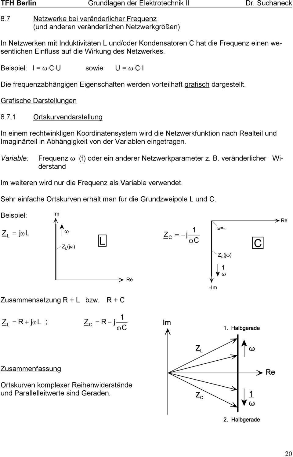 Ortskurvendarstellung n einem rechtwinkligen Koordinatensystem wird die Netzwerkfunktion nach ealteil und maginärteil in Abhängigkeit von der Variablen eingetragen.