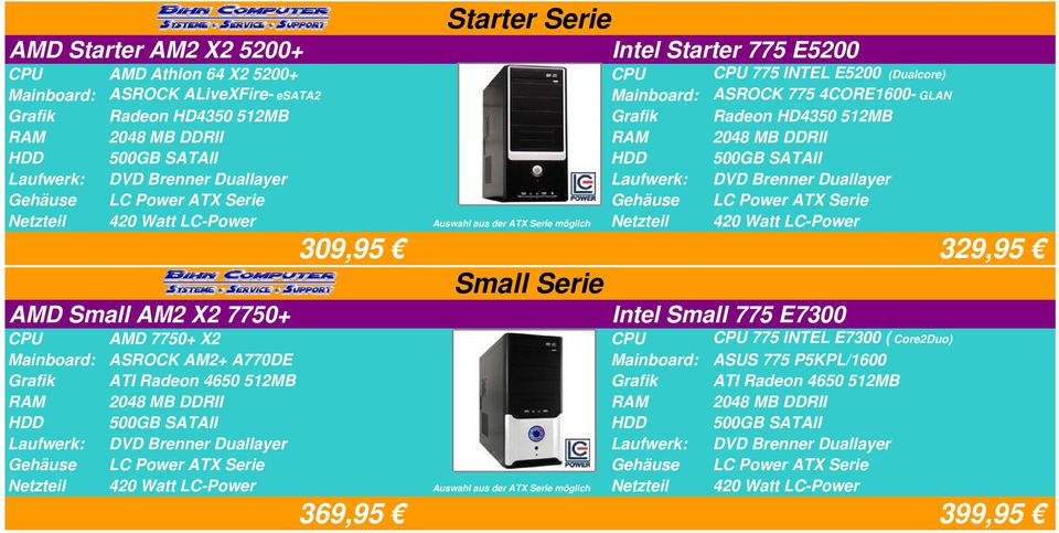 AM2 X2 7750+ Starter Serie 309,95 329,95 Small Serie Intel Small 775 E7300 CPU AMD 7750+ X2 CPU CPU 775 INTEL E7300 ( Core2Duo)